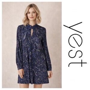 Yest Midnight Blue Abstract Floral Long Sleeve Keyhole Tunic Shift Dress Size 14